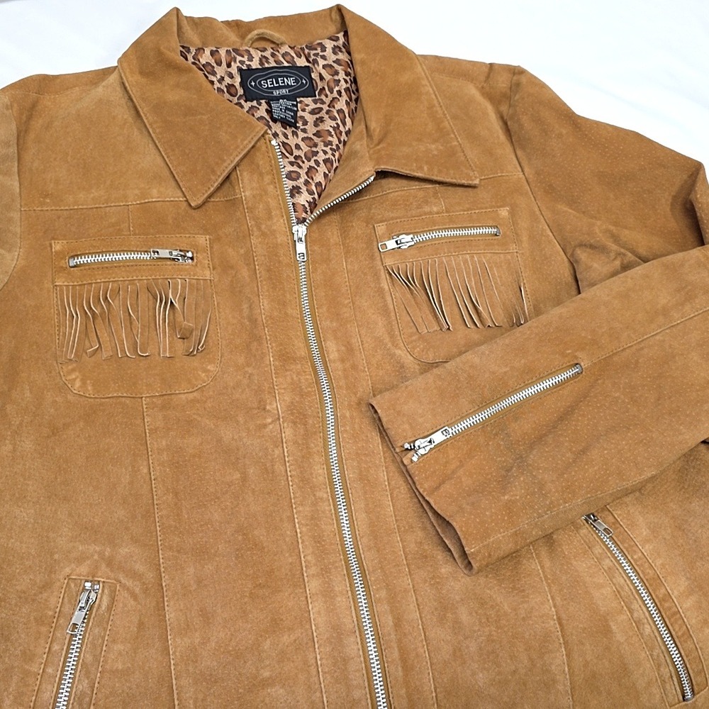 Selene Sport Leather Jacket Womens 2X Tan Suede Fringe Zip Moto Cowgirl Western
